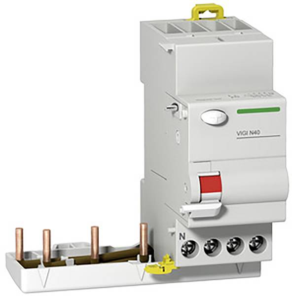 A residual current circuit breaker with test button, indicator light and connections on the underside for the protection of electrical circuits.