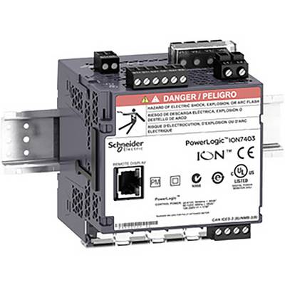 The image shows an electrical device by Schneider Electric with warning notices for electrical shock and explosion hazards on the front.