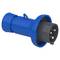 Blue three-pin plug for industrial applications, with protective cap and locking loop. Suitable for robust connections.