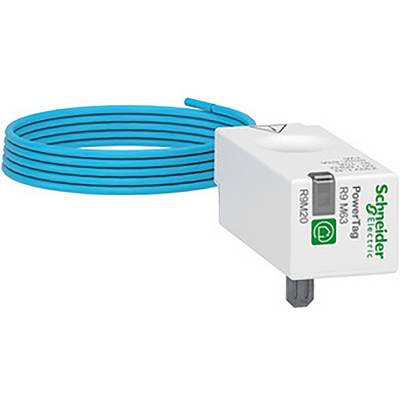 Schneider Electric current sensor, Model PowerTag R9M63, with blue connection cable; captures electrical measurement values.