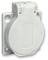 White plastic socket with round cover, IP54 protection rating, mounted on a wall plate with two mounting holes.