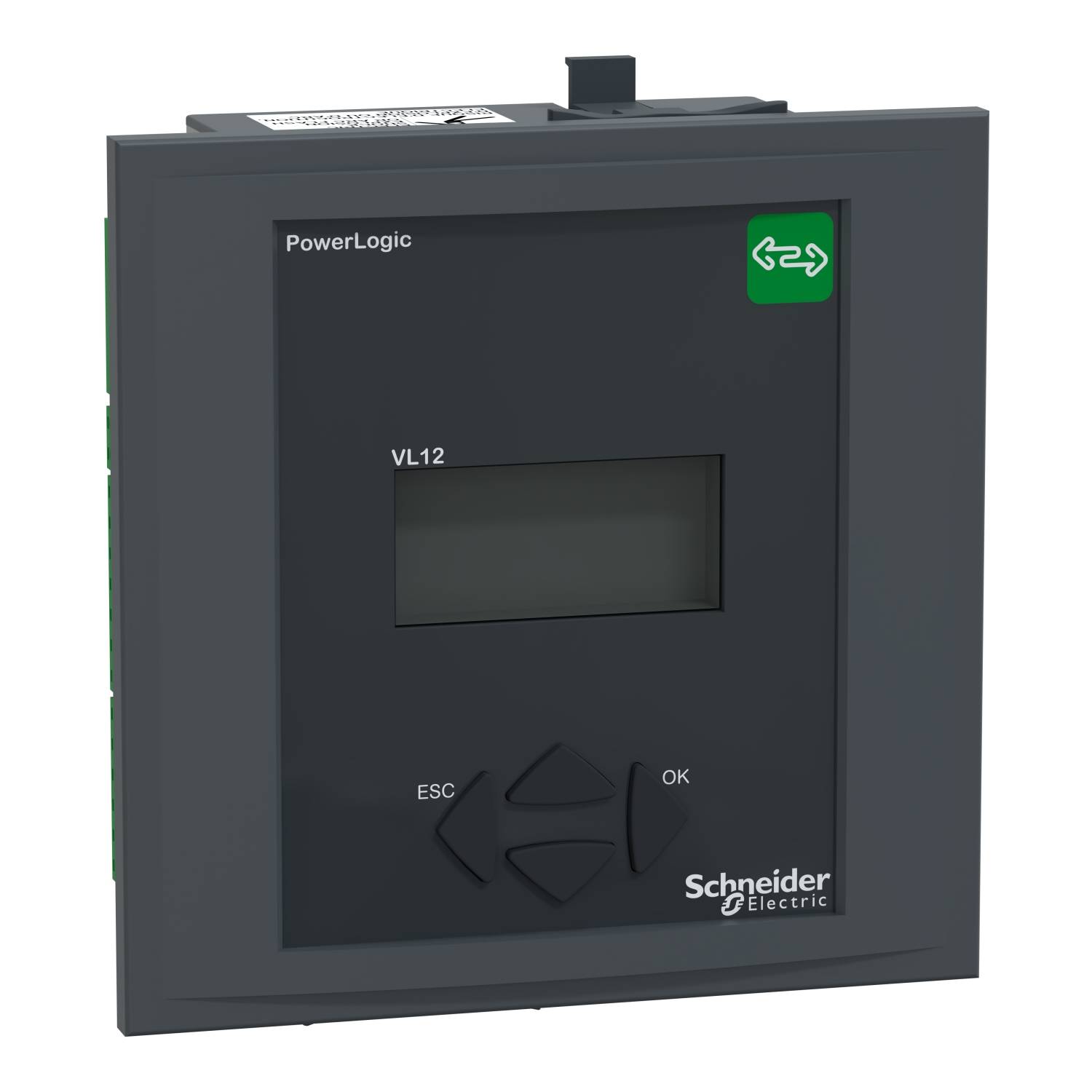 A black PowerLogic VL12 monitor from Schneider Electric. Shows minimalist control elements and a small display on the front panel.
