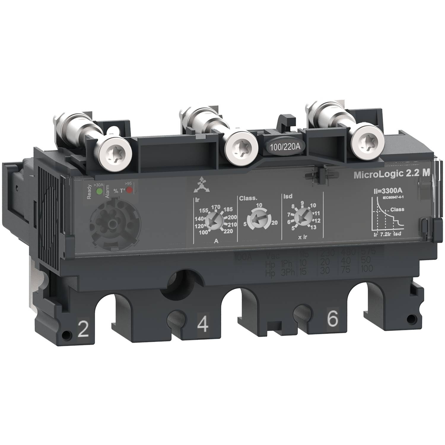 A black circuit breaker with the inscription 'MicroLogic 2.2 M', displaying switch and load settings, along with connections and diagrams.