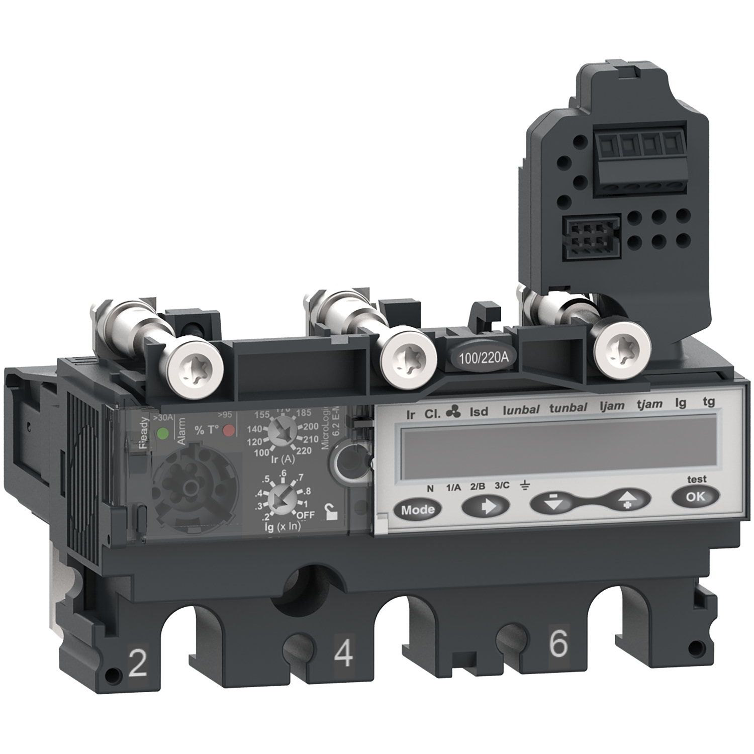 A digital protection relay with multiple buttons and displays for controlling and monitoring electrical systems.
