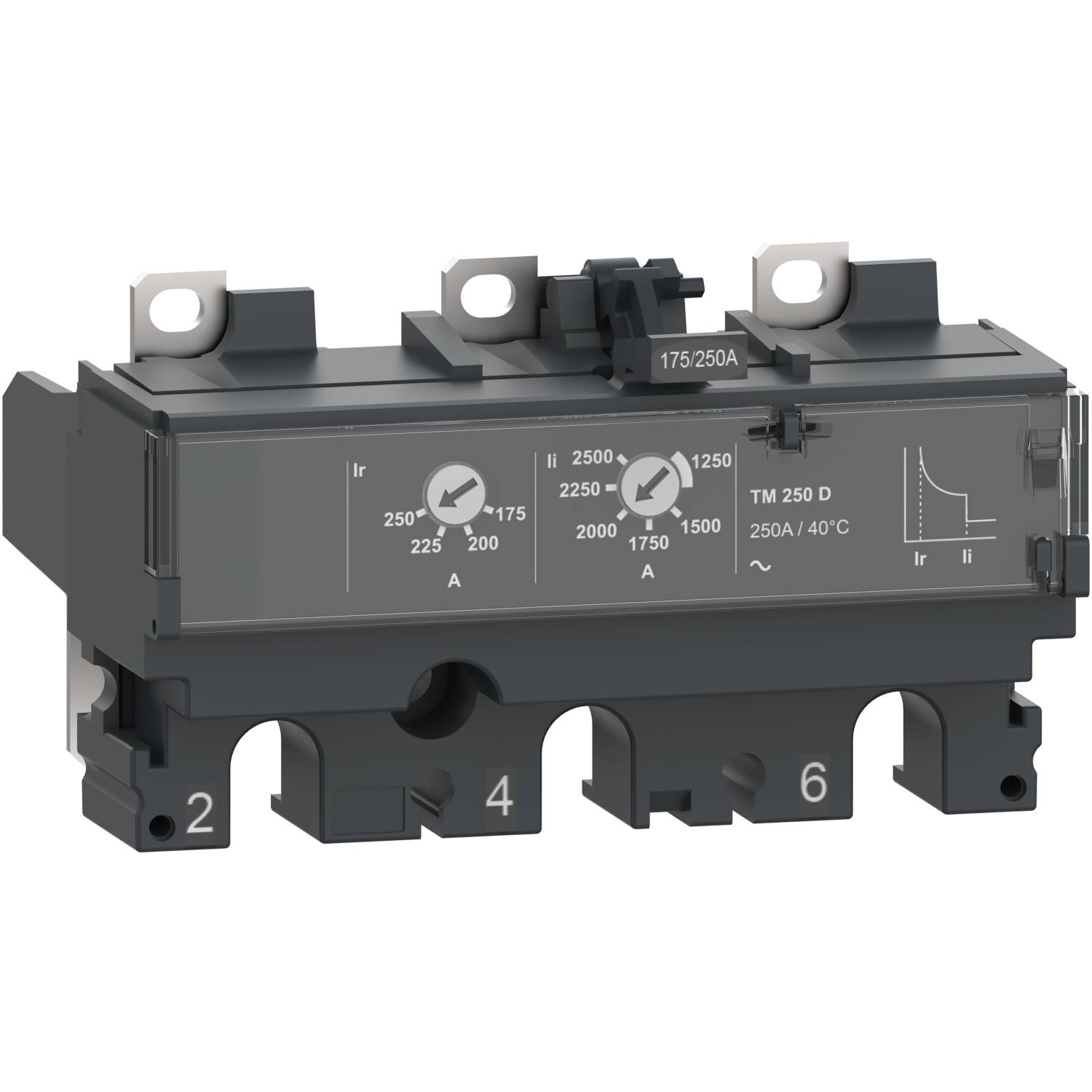 'Black performance switch with silver terminals, indicating current ratings and adjustment options from 175A to 250A.'