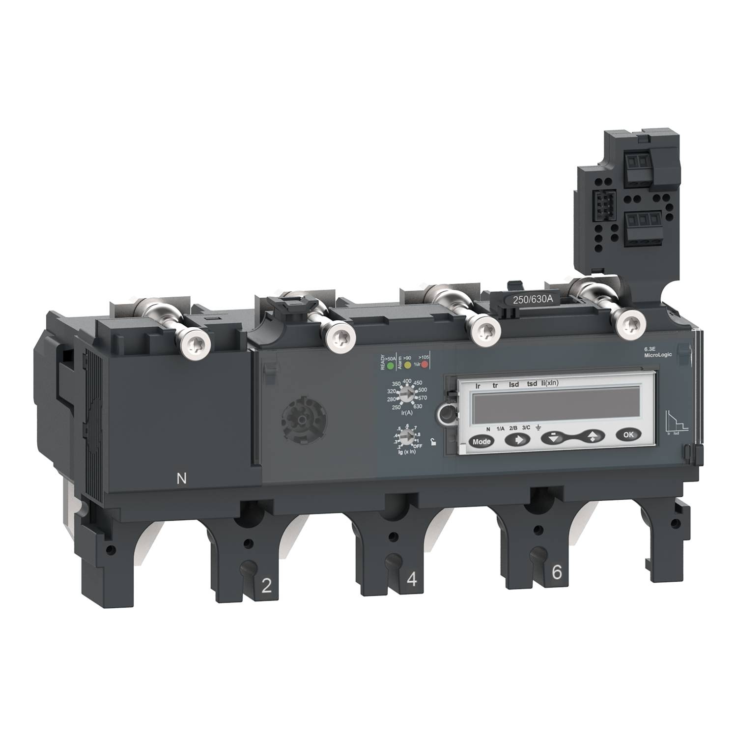 Electrical switchboard with automatic transfer switch, including digital display for controlling and monitoring power distribution.