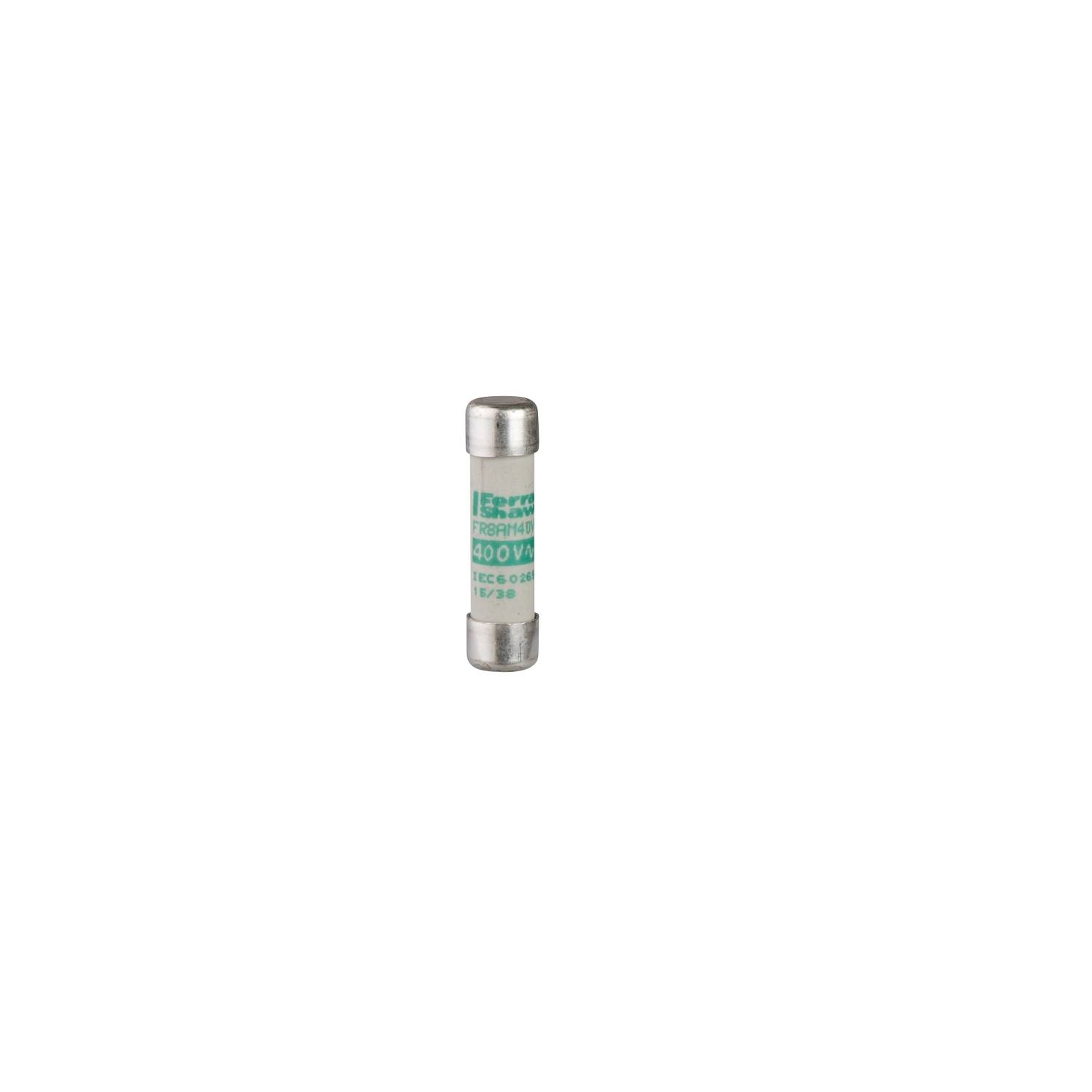 'Electrical fuse, 500 V, ceramic cylinder with metal cap, vertical view.'