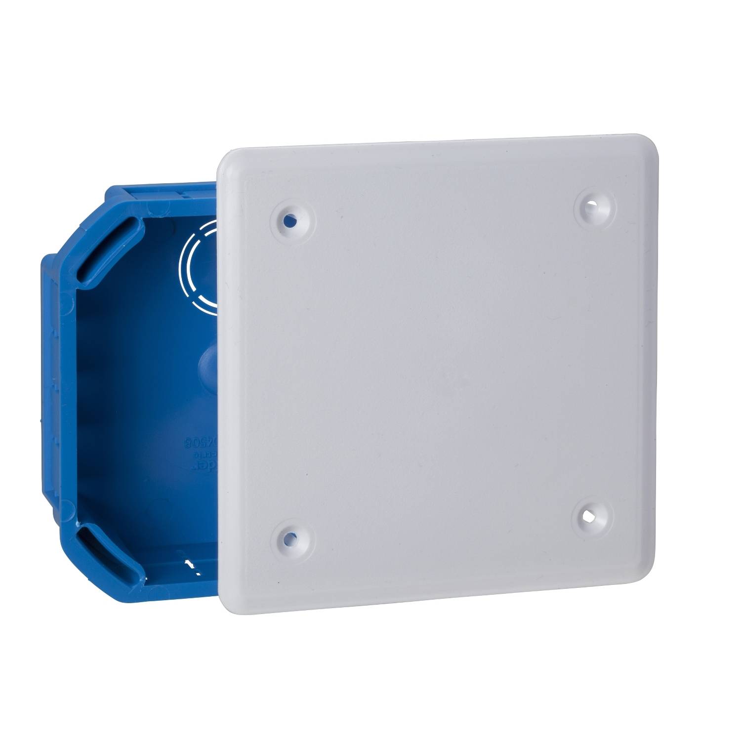White cover plate mounted on a blue, square housing, often used for electrical installations or cable management.