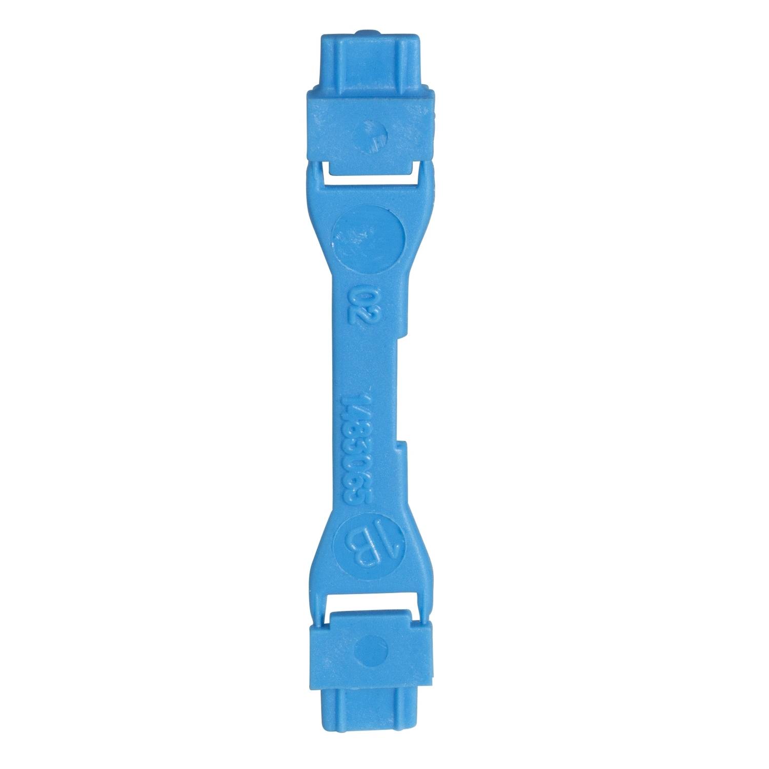 Blue plastic safety clip with label 'V358659 JOK', possibly for securing electrical cables or connections.
