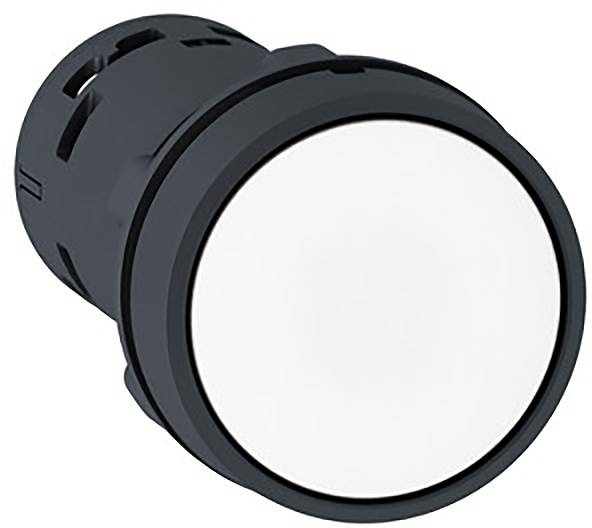 A round, grey button with a white surface, likely an electronic switch or push button.