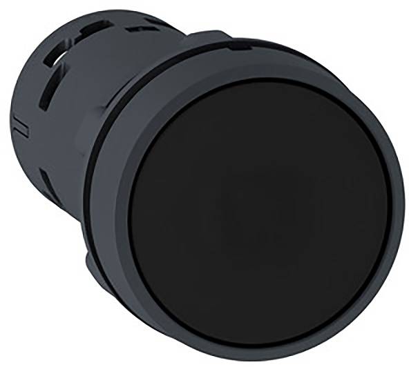 A round, black press button, shown from the side.