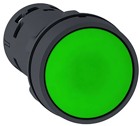 Green industrial light with round push button, symbolising 'On' or 'Operation'. Suitable for machinery or control systems.