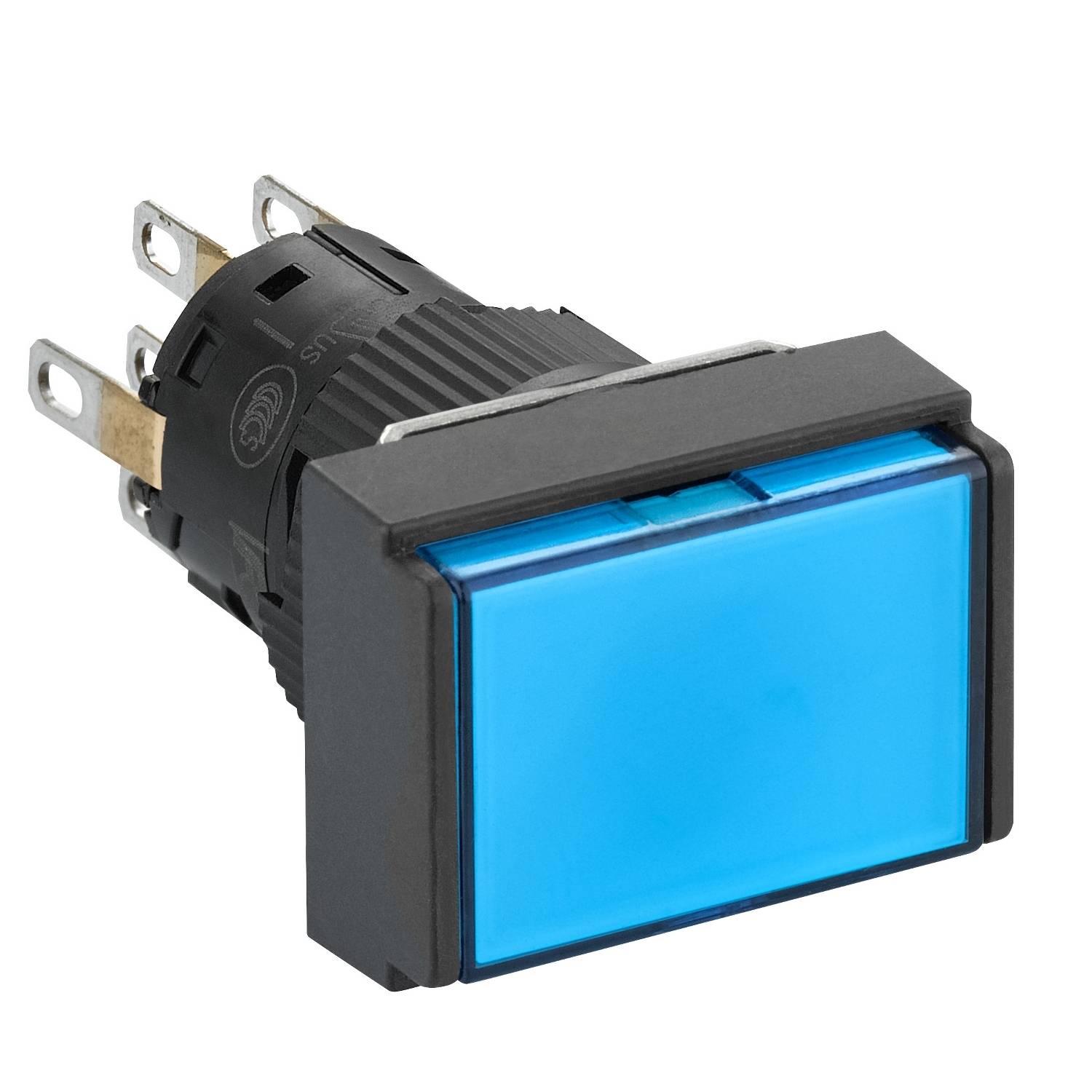A rectangular blue push switch with silver contact pins and a black housing, suitable for electronic applications.