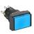 A rectangular blue push switch with silver contact pins and a black housing, suitable for electronic applications.