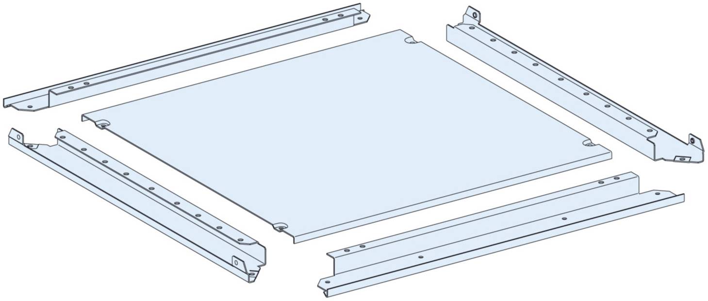 'Exploded diagram of metal components, including a square plate and four elongated rails, distributed around the plate.'