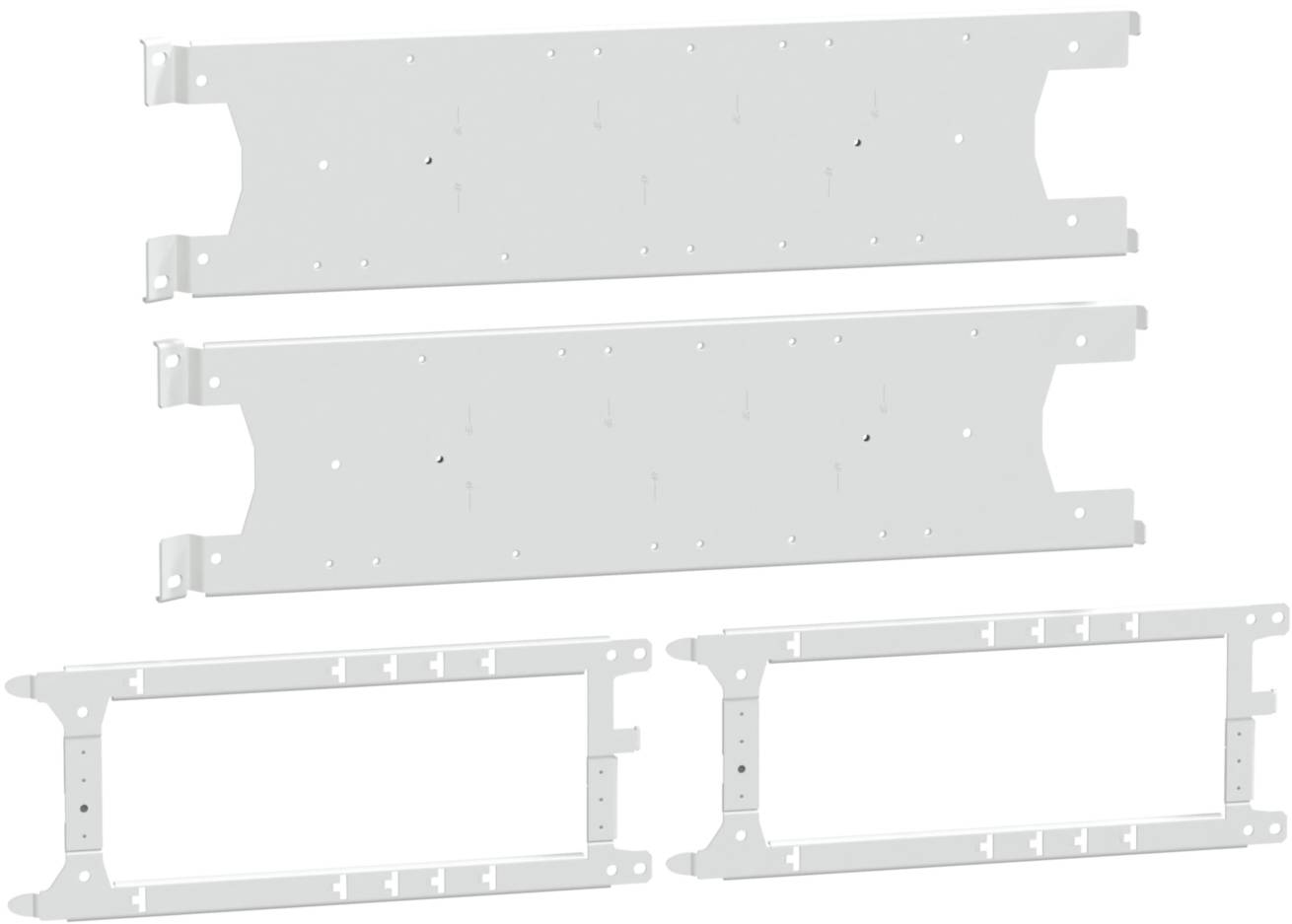 Four white, rectangular metal plates, two of them fully solid, the other two with frames and recesses. They are flat and unmounted.