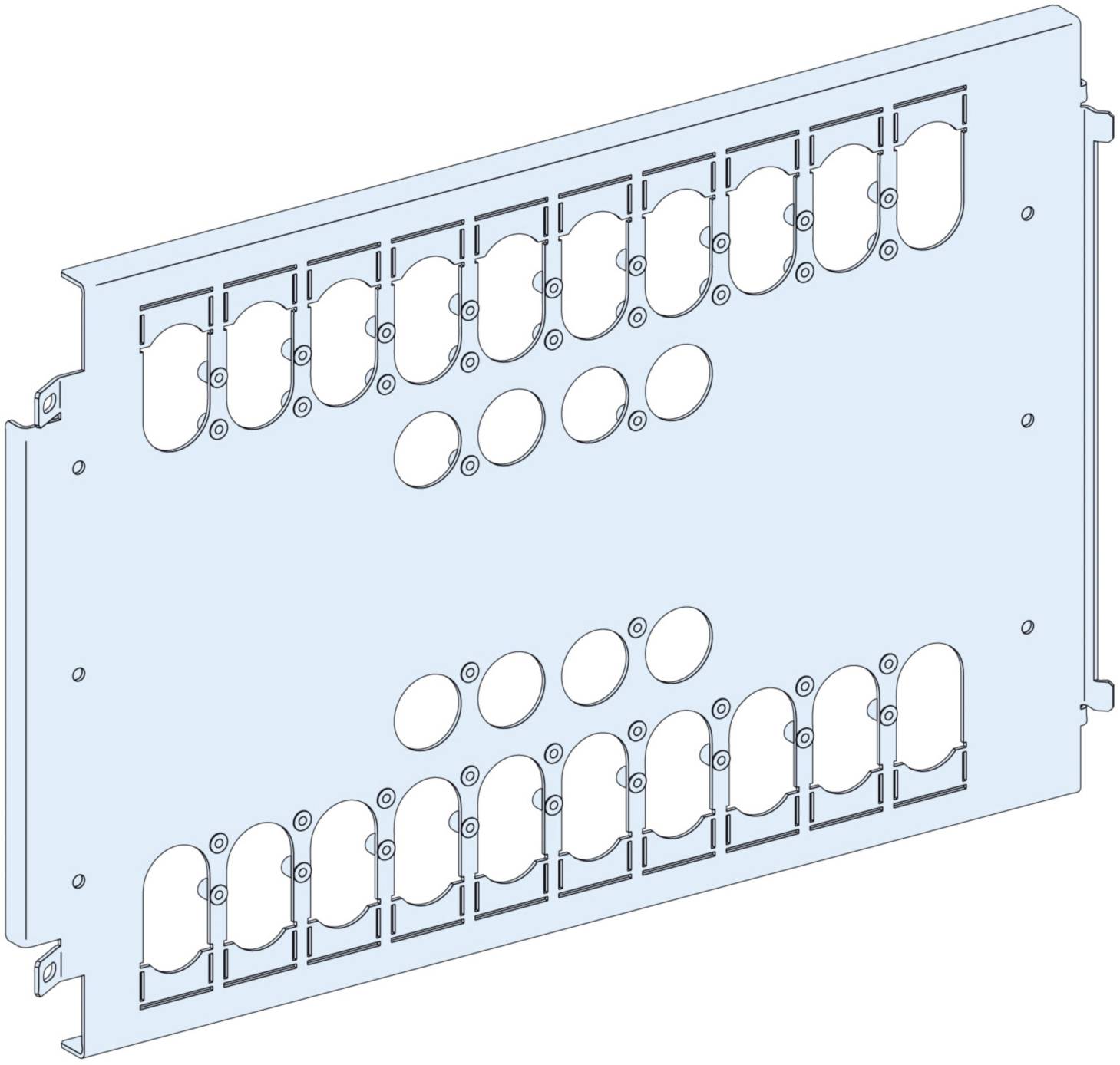 Technical drawing of a metal plate with multiple rectangular and circular cutouts, possibly for cable routing.