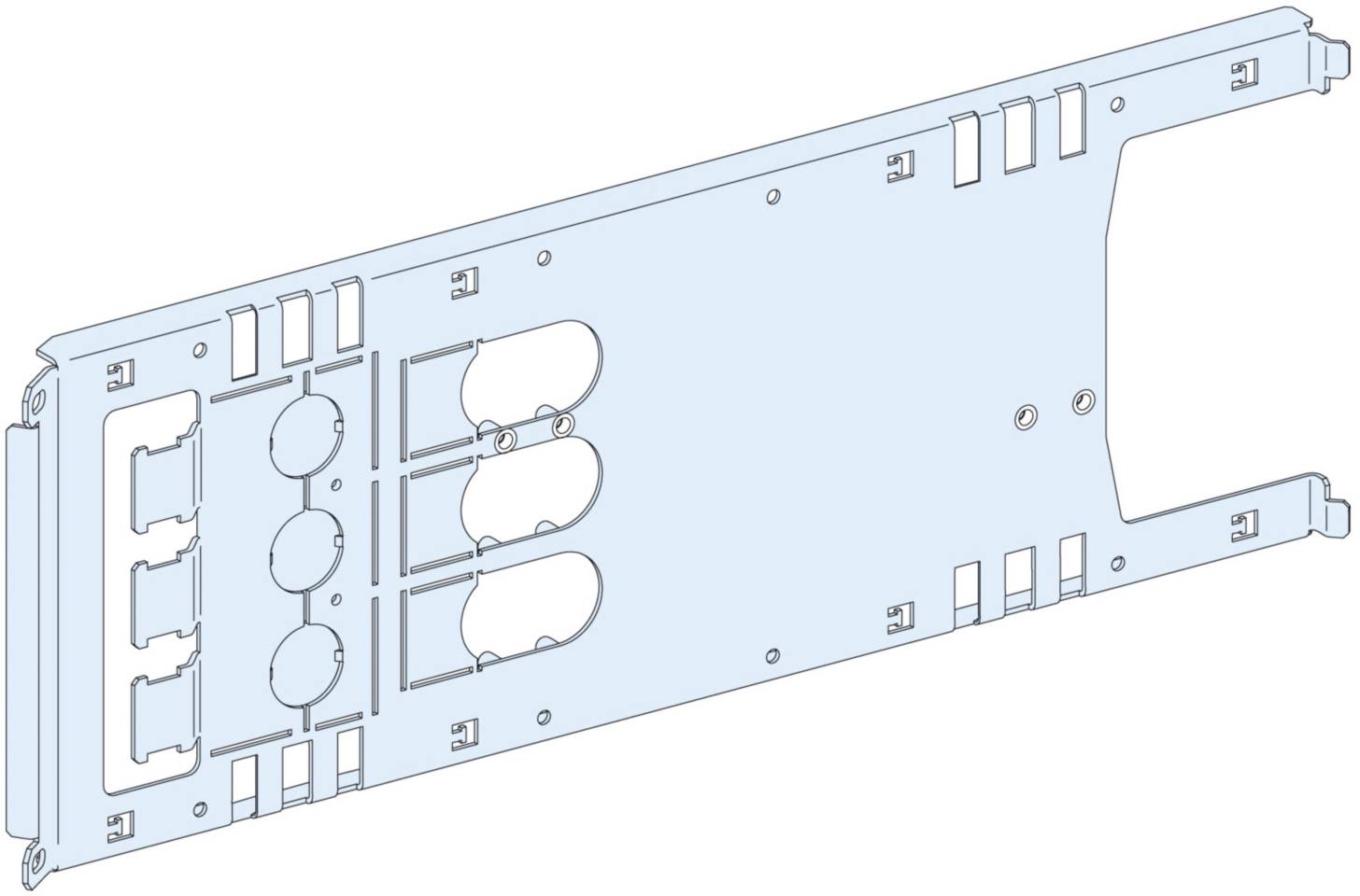 Technical drawing of a rectangular metal frame with multiple circular and rectangular cutouts. Specific dimensional measurements are not included.