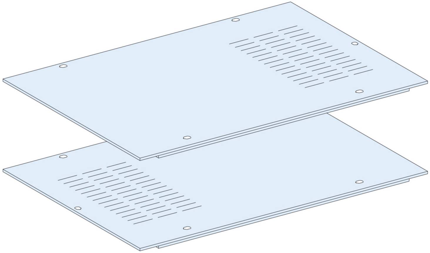 Two overlapping blue metal plates with ventilation slots and screw holes at the corners.
