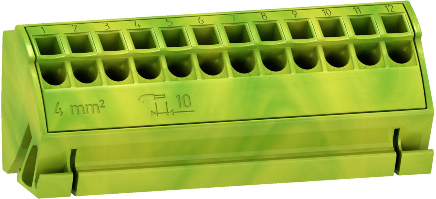 Terminal block with twelve holes, green-yellow marked, labelled '4 mm²'. Numbering from 1 to 12 visible on top.