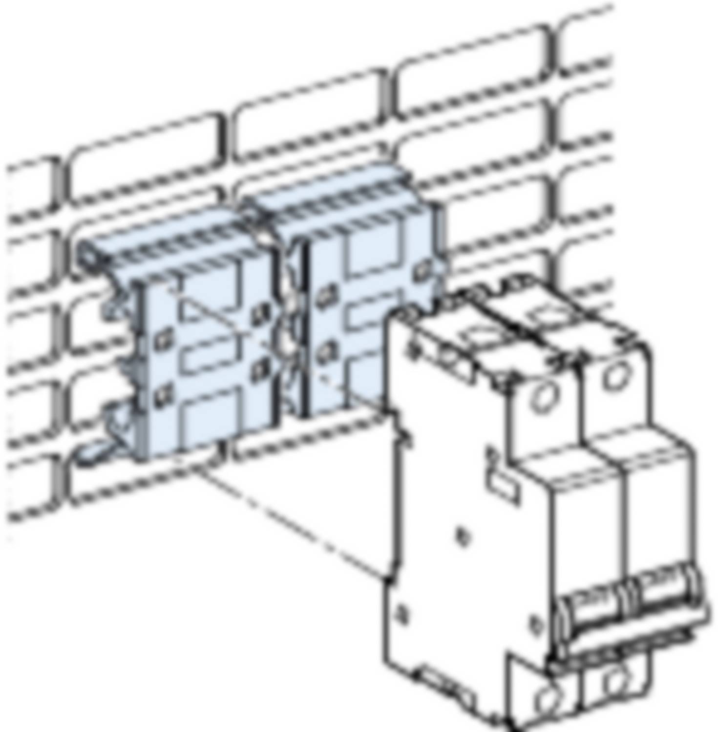 Circuit diagram of a 3-pole power circuit breaker in a switchboard, showing the construction and installation on an angled mounting rail.
