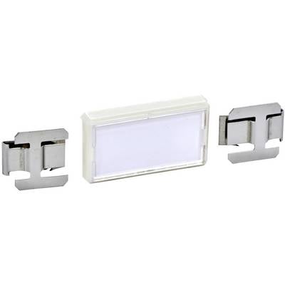Three silver metal clips and a rectangular white frame, possibly part of a mounting or holding system.
