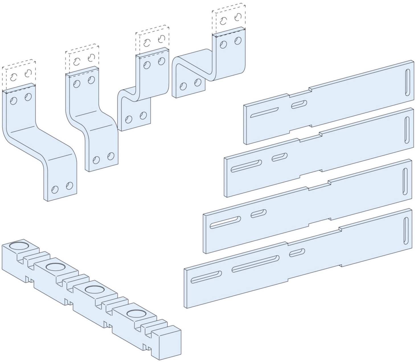 A technical drawing of metal brackets and rails for mounting systems, with multiple perspectives of the components.