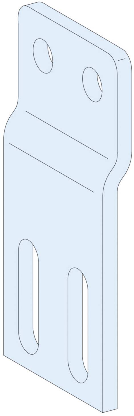 A blue rectangular metal plate with two oval and two round holes, presumably for attaching or connecting components.