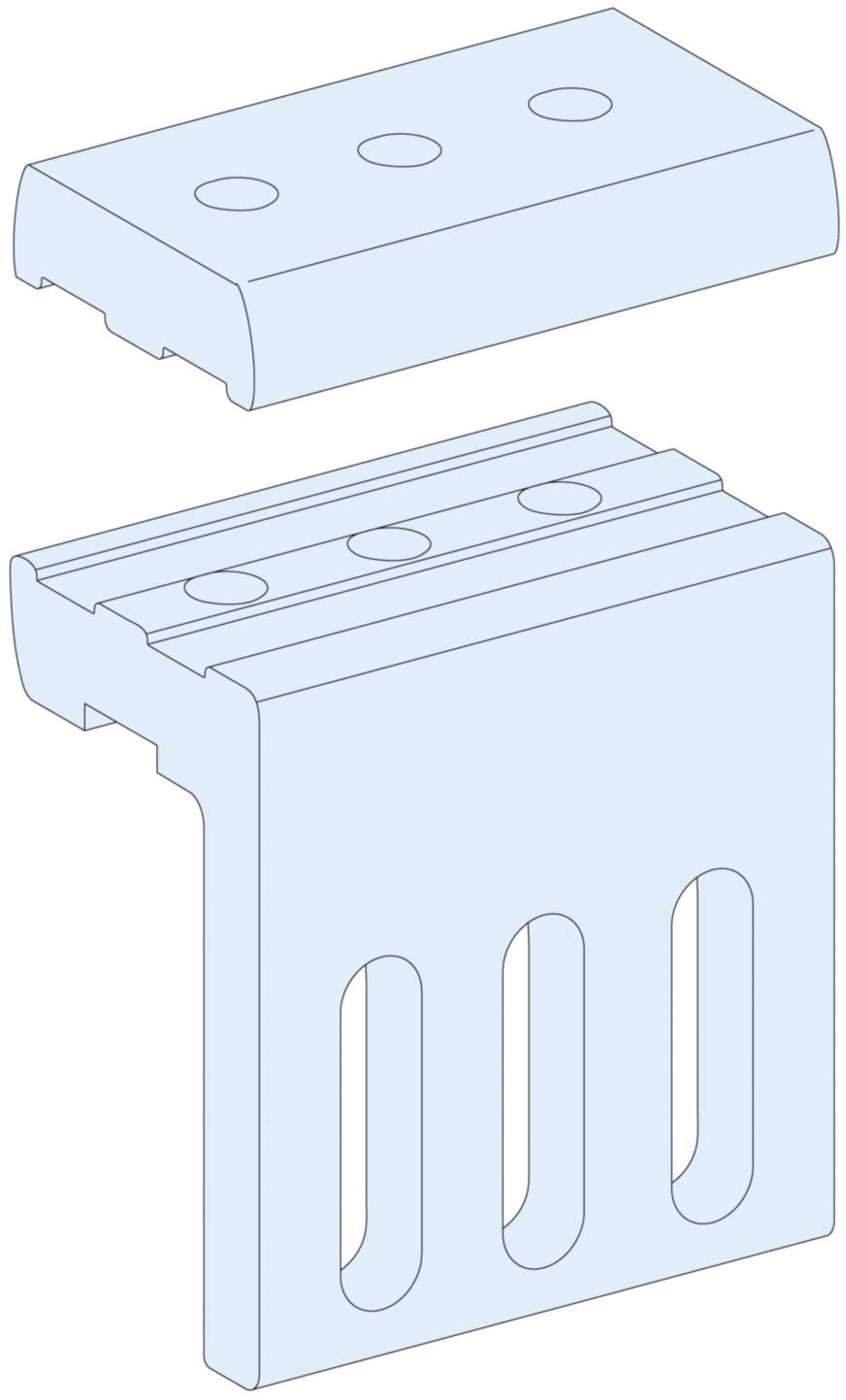Two light blue, rectangular components, schematically represented, with three holes at the top and three elongated recesses at the bottom.