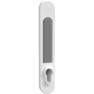 A long, slim white plastic object with a dark grey central section and an oval recess at the bottom.