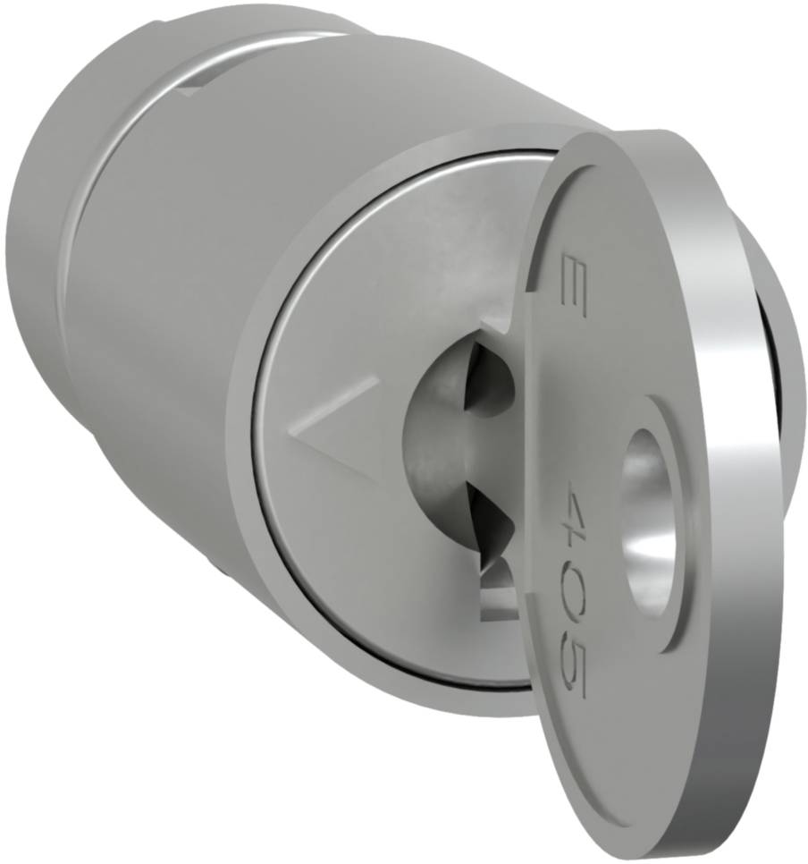 A silver connecting piece with a partially open round lid. The lid is inscribed with 'E 405'.