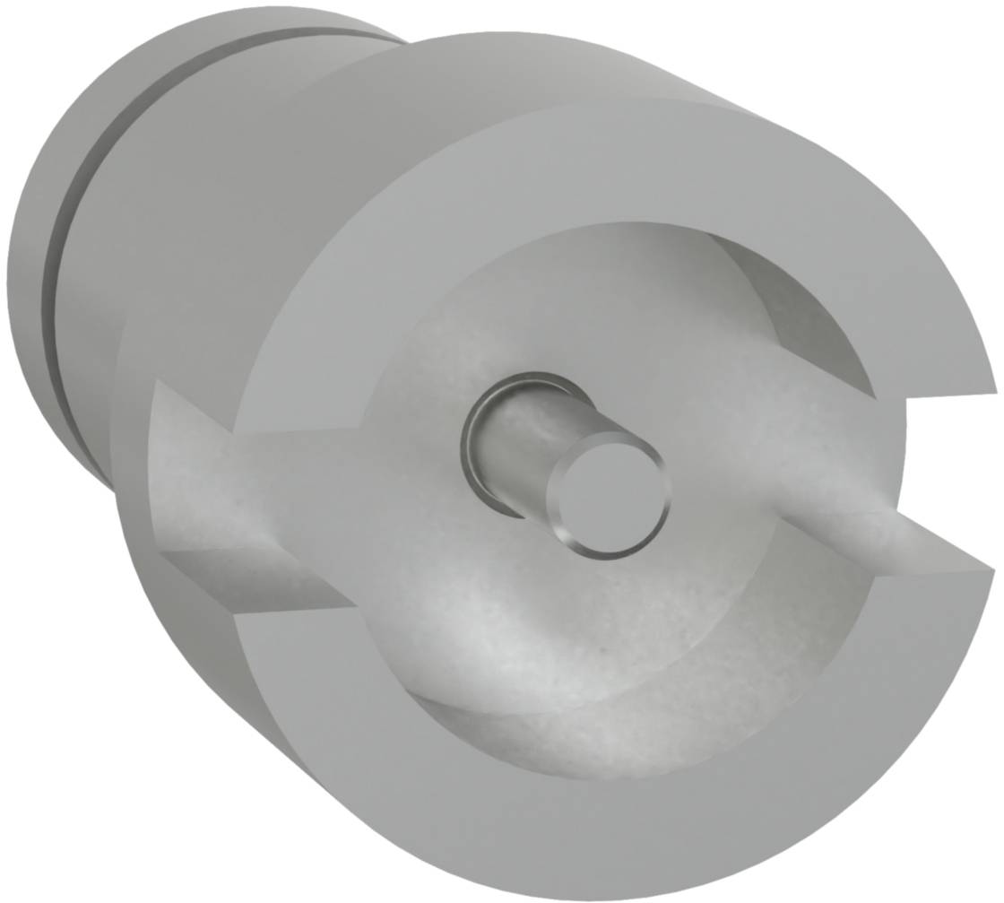 A grey, cylindrical machine component with a central pin and multiple circular layers, possibly a technical part.
