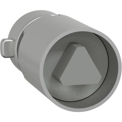 Silver, cylindrical tool with a triangular internal profile. Used for specialised screw heads.