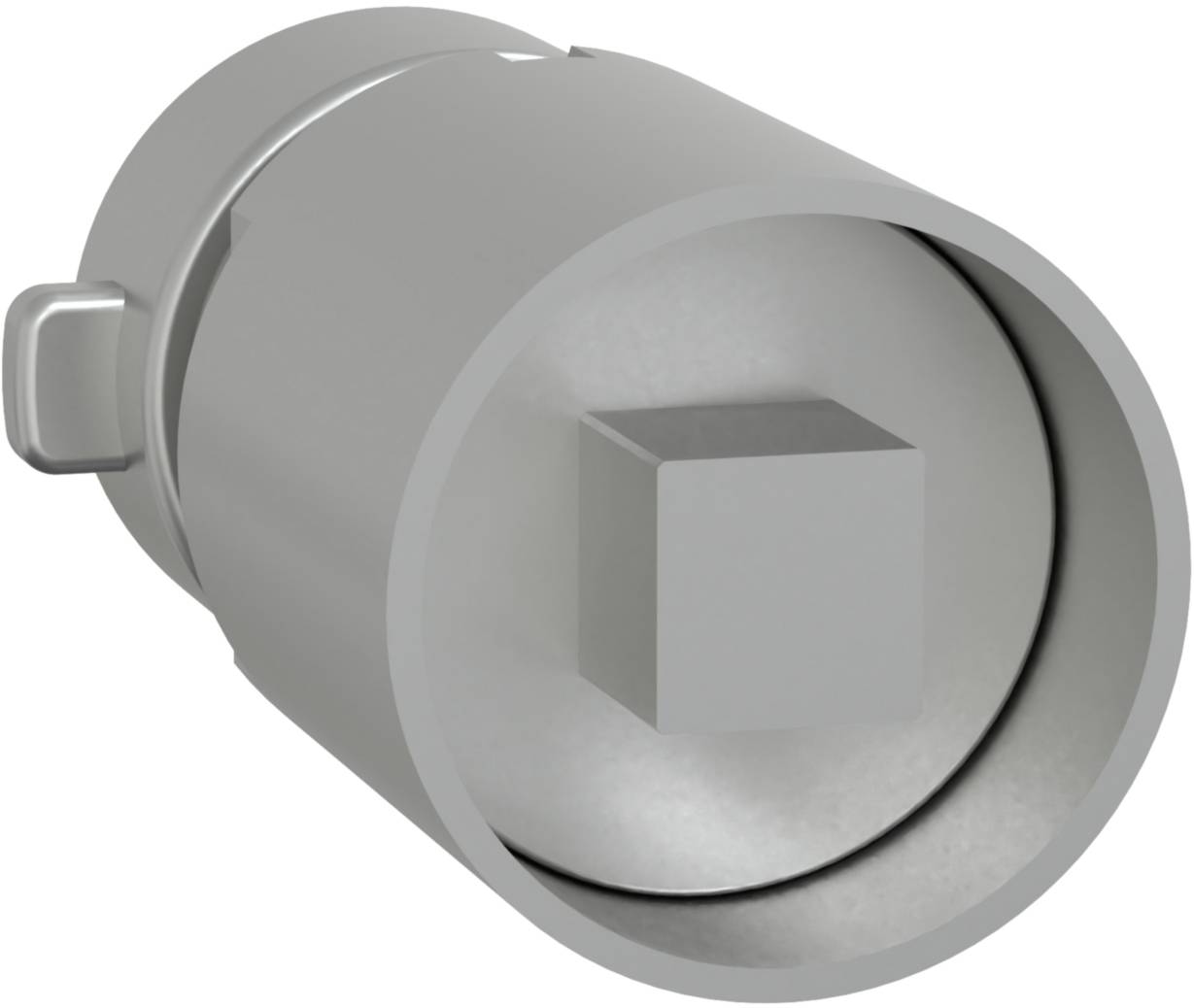 A cylindrical metal component with a square protrusion at one end. The part is silver-coloured and has smooth surfaces.