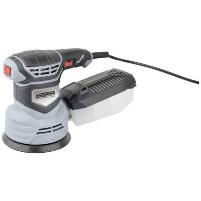 Electric orbital sander with ergonomic handle and dust container. Suitable for grinding and polishing surfaces.