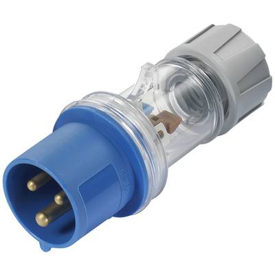 Blue three-pin plug with a transparent protective casing, likely for industrial applications.