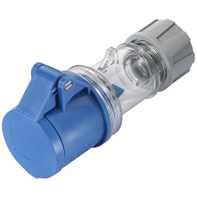A blue, industrial plug with a transparent housing and a grey screw closure. Suitable for electrical connections.