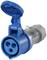 Blue, round plug with three circular recesses and a grey screw lock, open cover on top. Suitable for industrial applications.