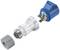 A transparent, disassembled flow meter with a blue cover, grey threading and coloured cable connection ports.