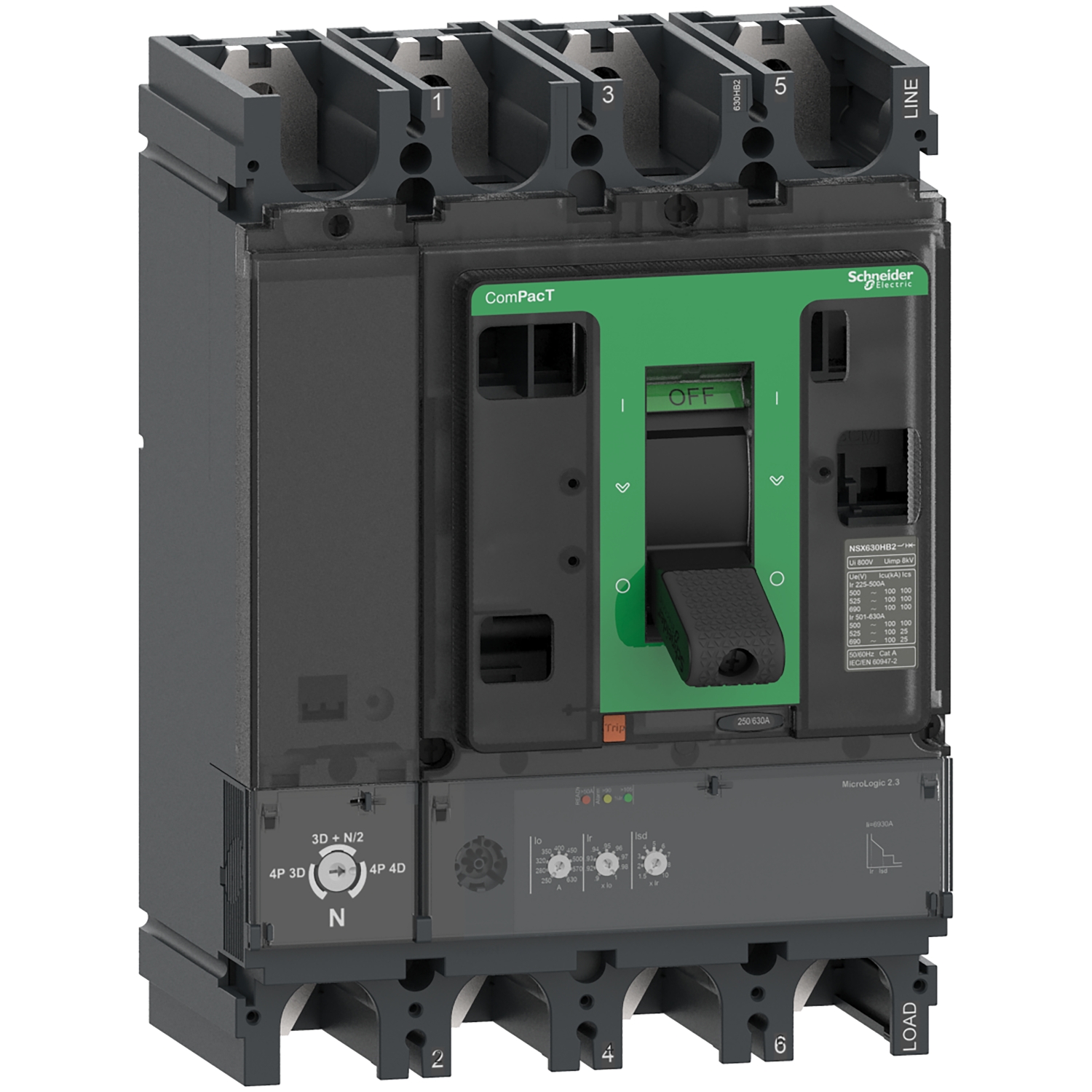 A grey and green performance circuit breaker from Schneider Electric, labelled 'ComPacT'. Suitable for industrial control panels.