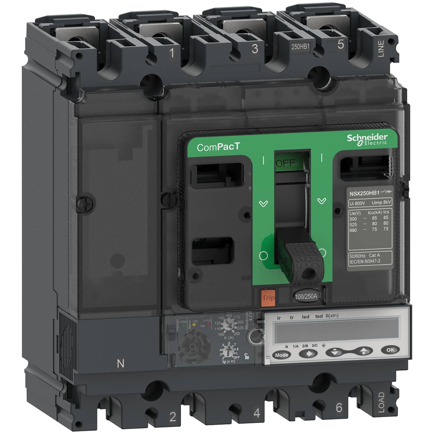 A grey automatic compact circuit breaker with a green lever in the middle in the 'OFF' position, manufactured by Schneider Electric.