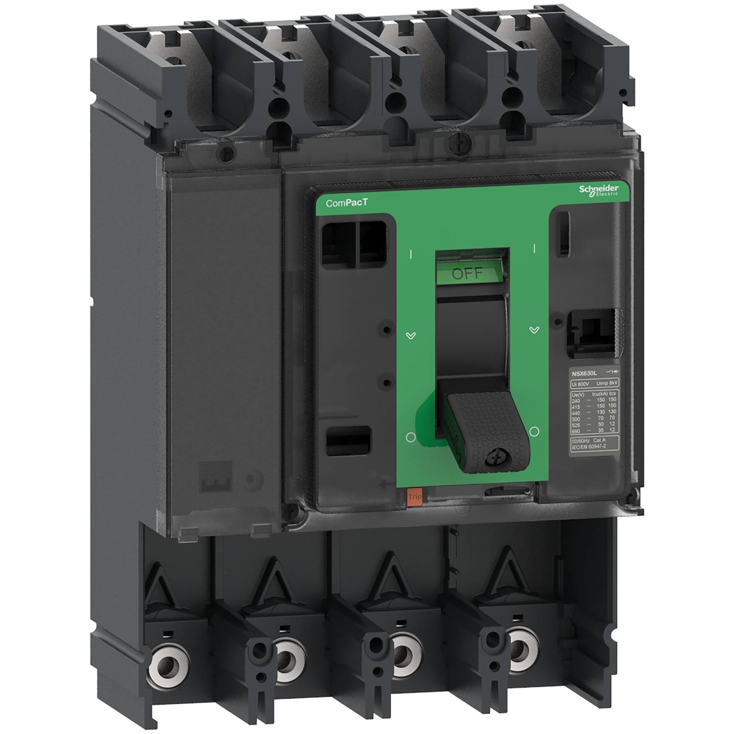 'Circuit breaker with green on/off switch and four connection terminals, suitable for industrial applications and electrical safety.'