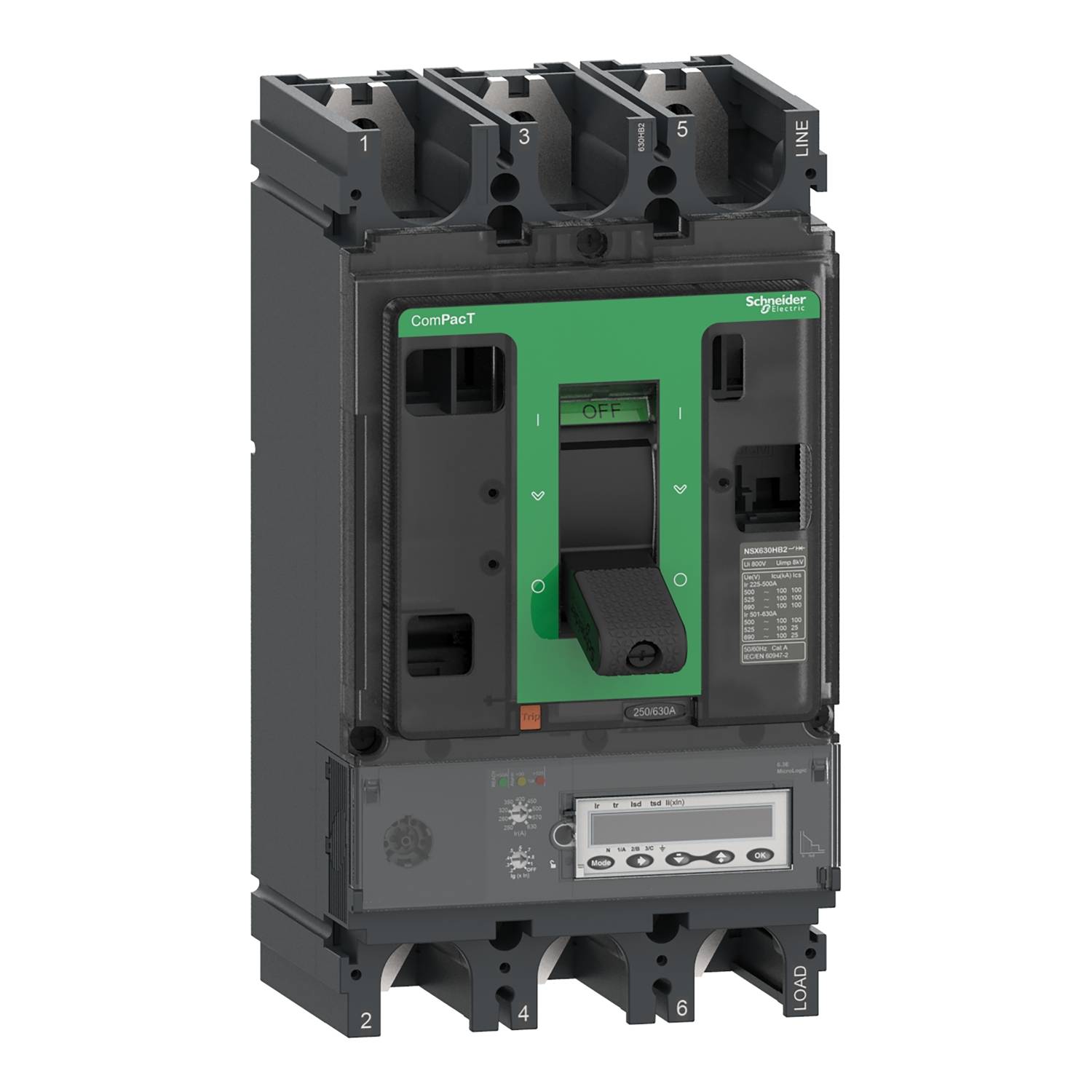 A compact circuit breaker with a green front panel and black switch. A digital display is integrated at the bottom.