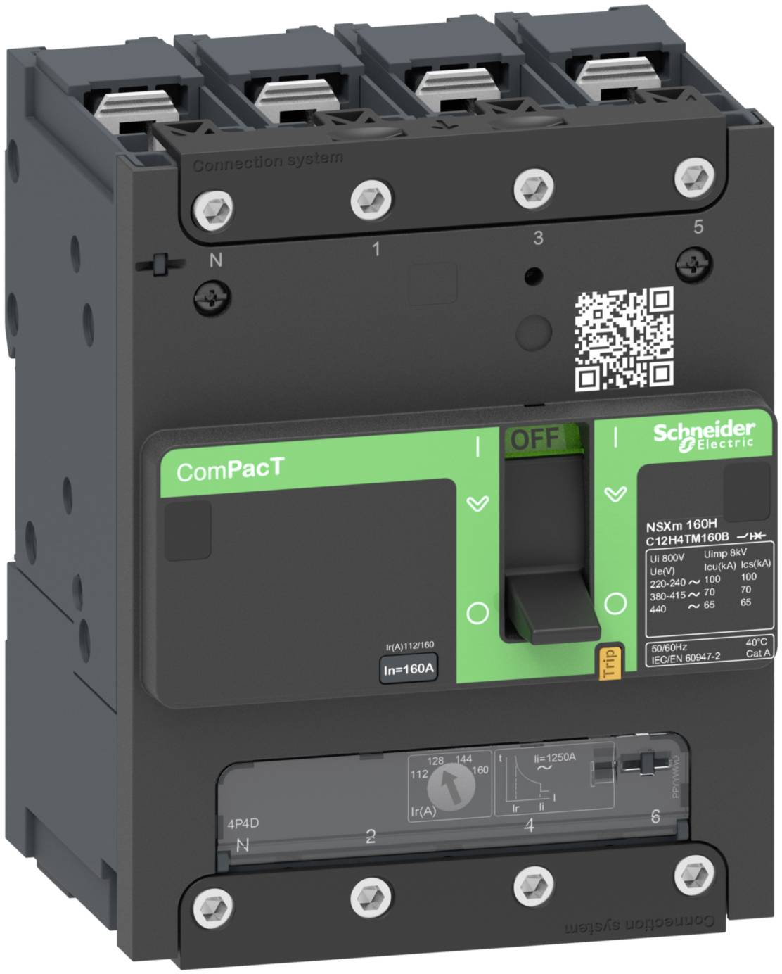 A black circuit breaker from Schneider Electric with a green label and QR code. Switched position 'OFF' visible. Model insert: 'ComPacT NSXm 160H'.