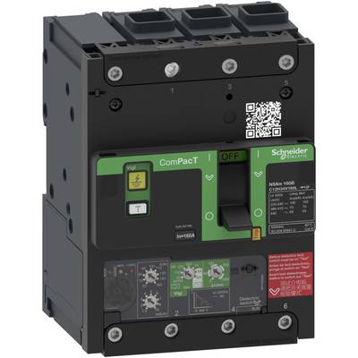 A black Compact circuit breaker from Schneider Electric with green and grey elements, a QR code and various switches.