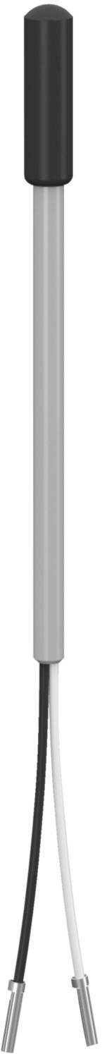 Close-up of an electrical thermistor with a cylindrical black head and two wires in black and white.