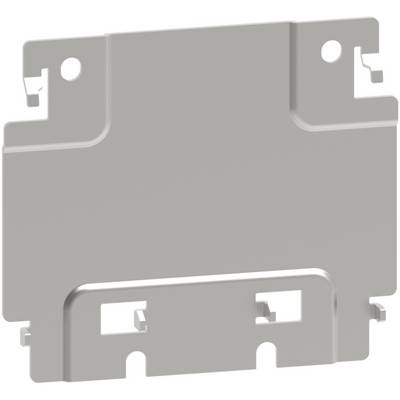 Grey rectangular metal plate with hooks and holes at the corners, possibly part of a mounting bracket or enclosure.