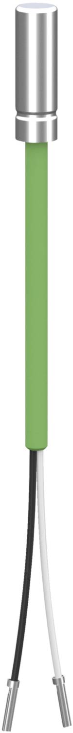 A green cylinder with a silver lid and two protruding wires, one black and the other white, as a technical component.