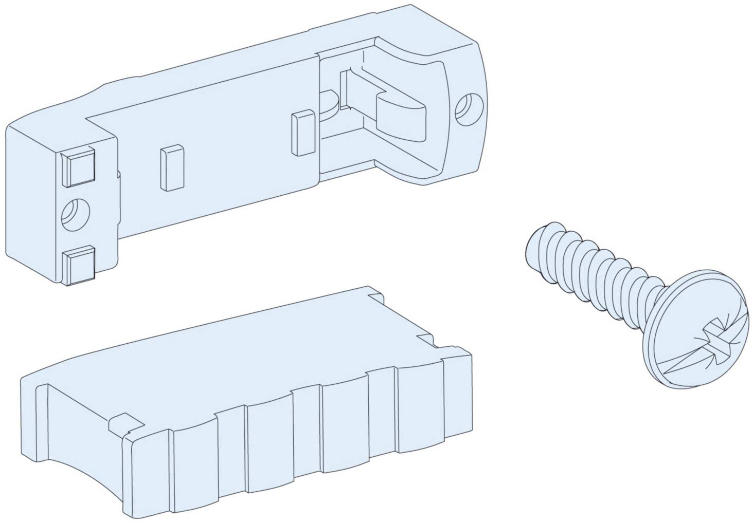 Technical drawing of a furniture connector set with a screw and two plastic components for assembly.