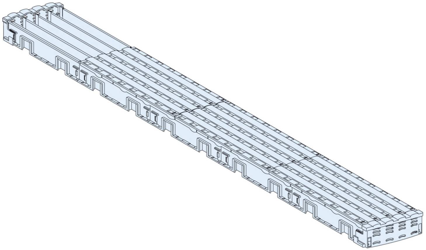 Detailed technical drawing of a long, rectangular module with multiple levels and openings, potentially a design for a transport container.